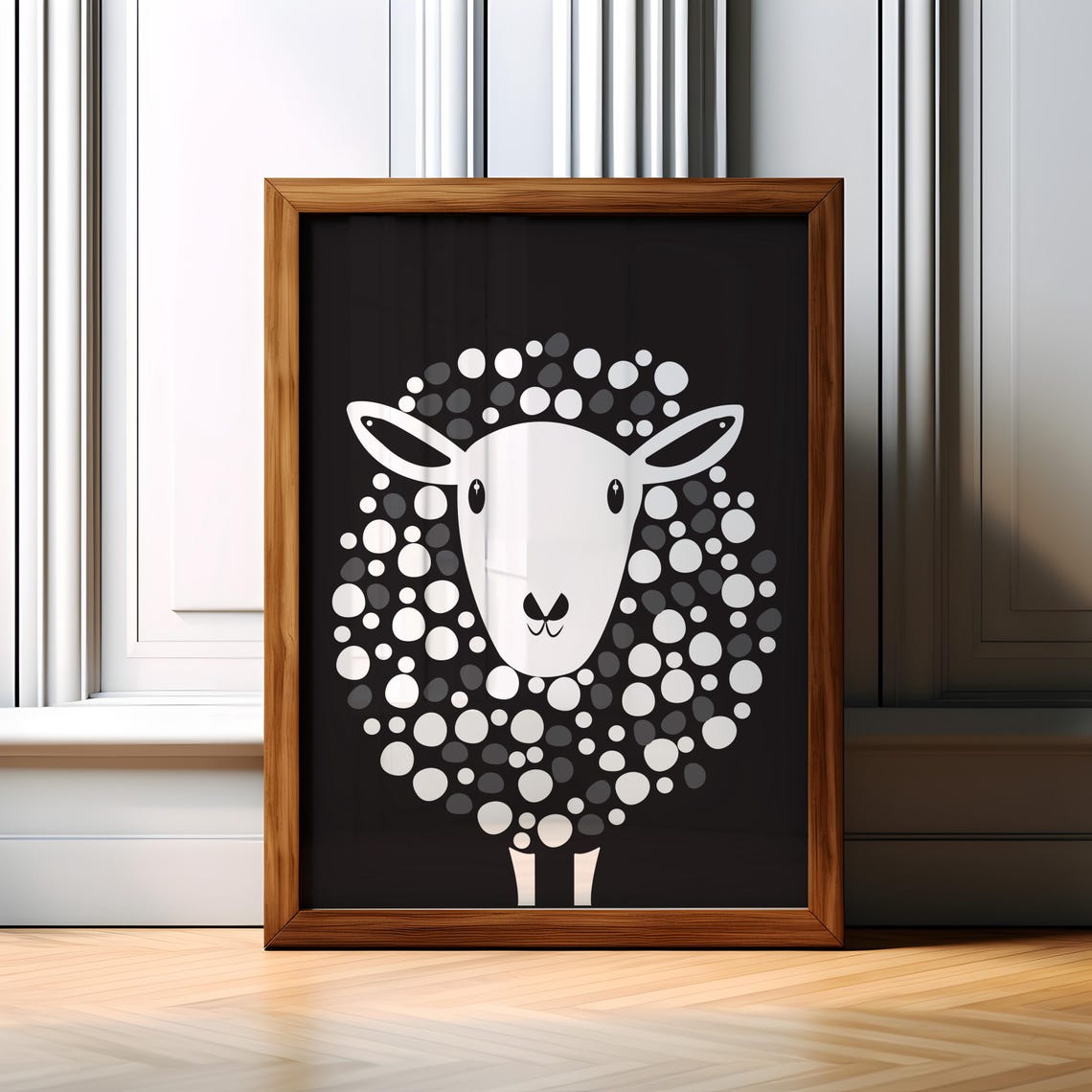 Monochrome Sheep Dotted Wool Black Background Nursery Wall Art