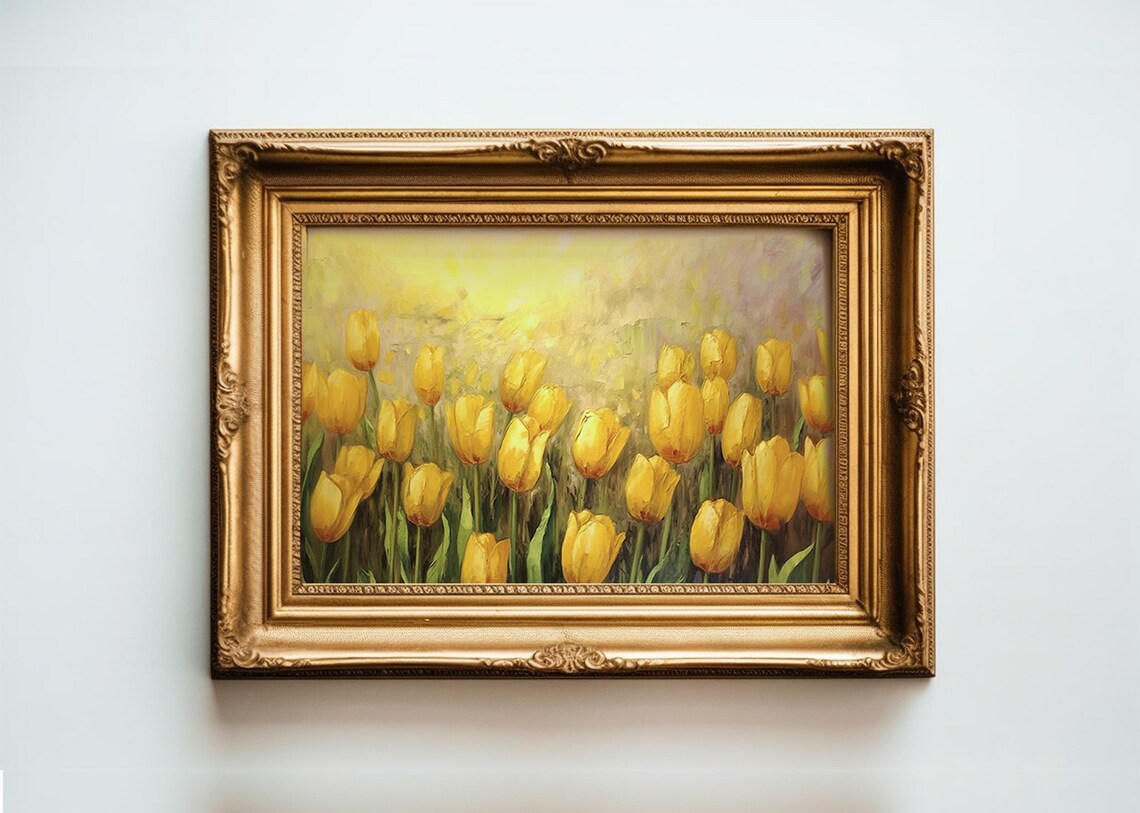 Yellow Tulips Vintage Spring Painting, Impressionist - Image 2