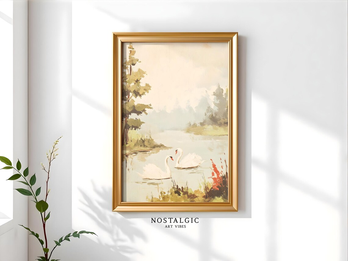 Elegant Swans Painting, Vintage Lake Landscape