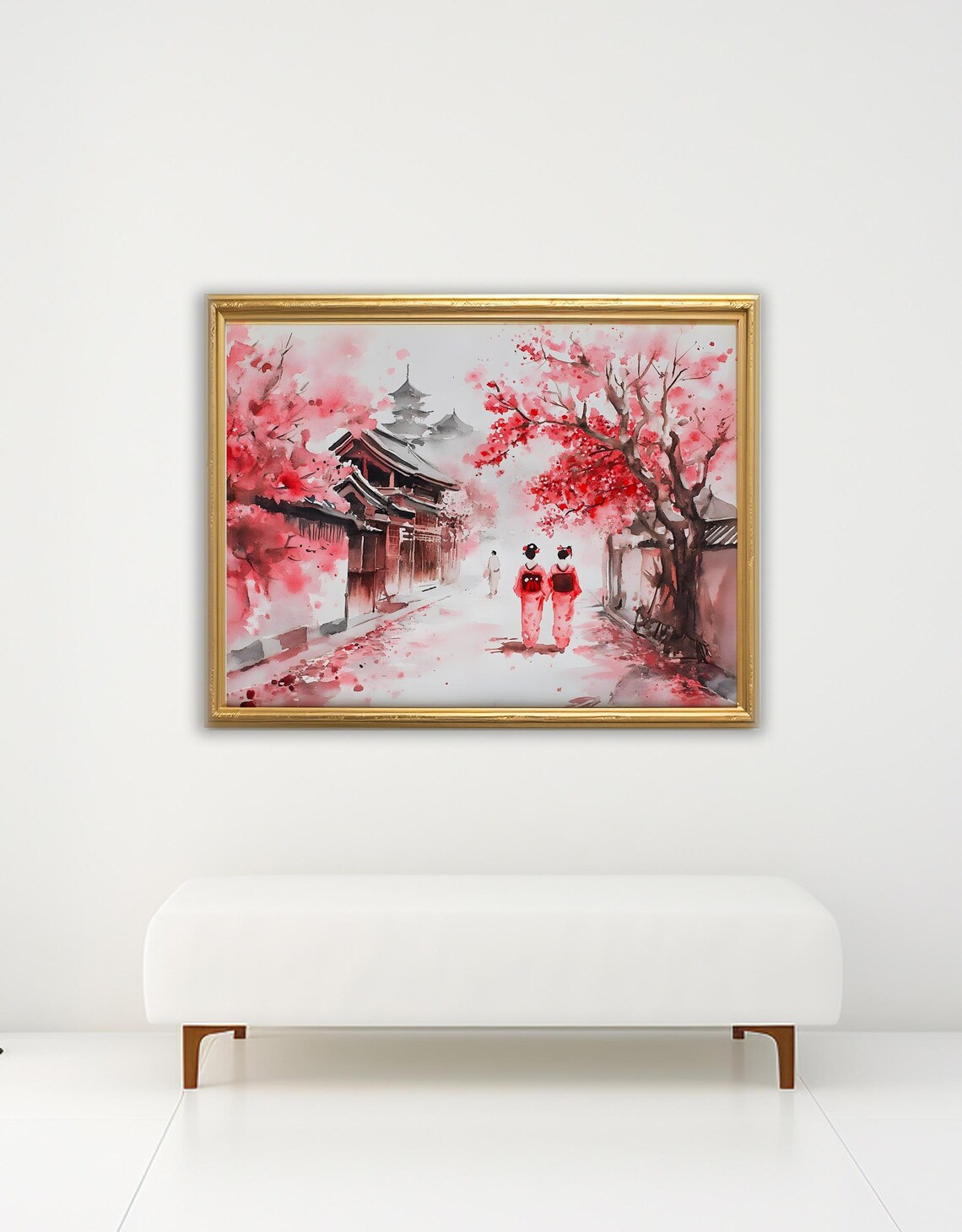 Japanese Watercolor Geisha Cherry Blossom Street Scene - Image 3