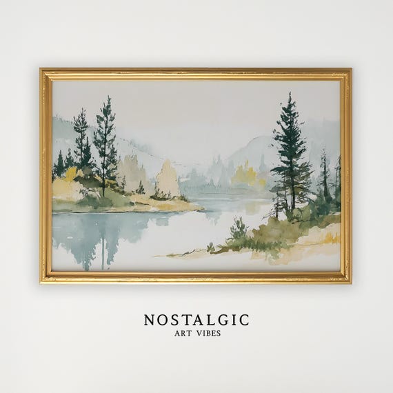 Simple Watercolor Lake Painting, Serene Landscape