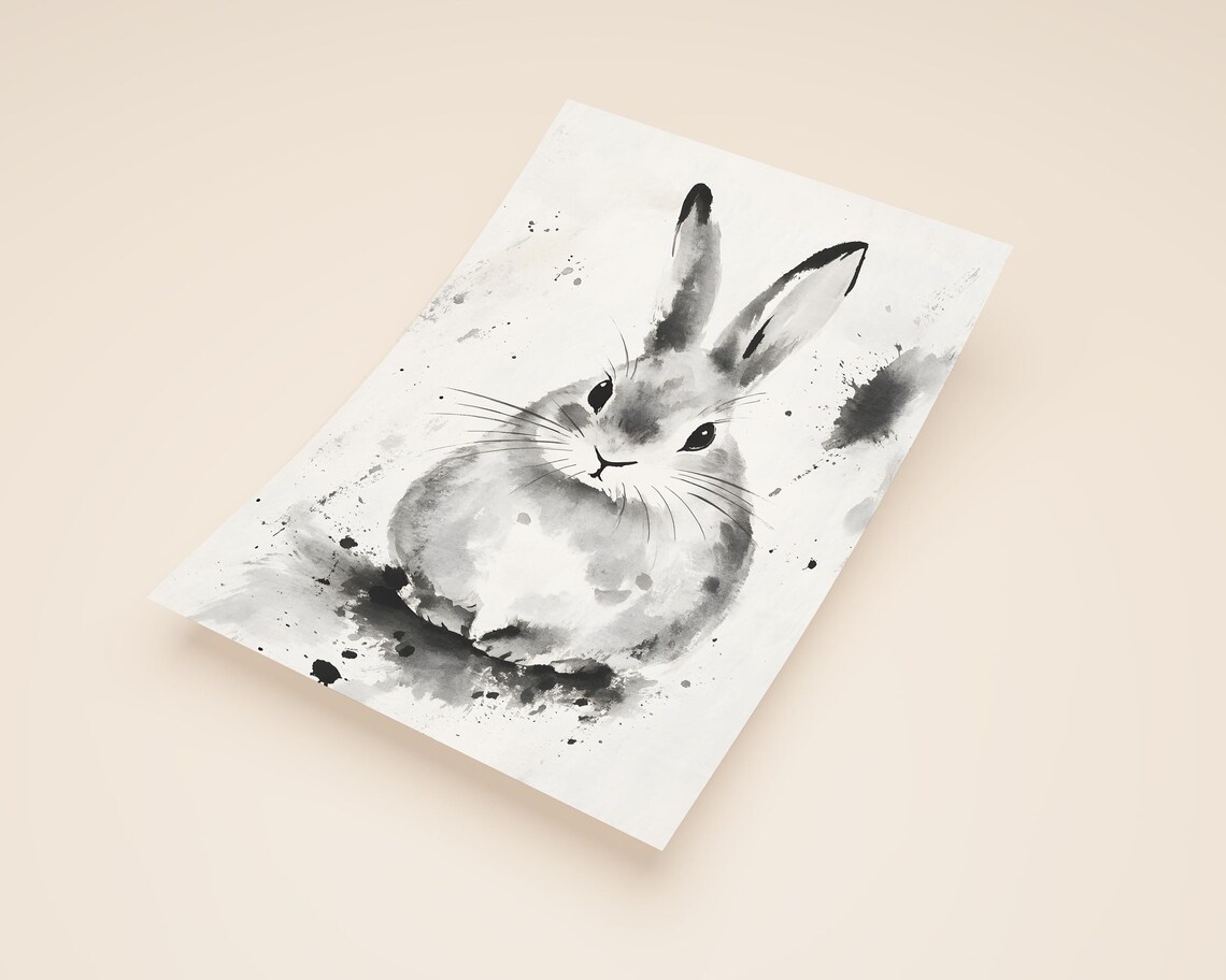 Cute Watercolor Rabbit, Black And White Minimalist Art Print - Image 2