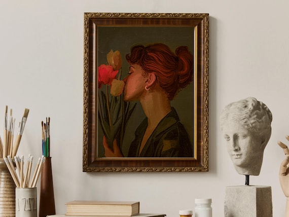 Moody Floral Portrait, Redhead Woman With Tulips