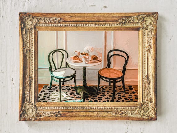 French Cafe Print Croissant Coffee Oil Painting
