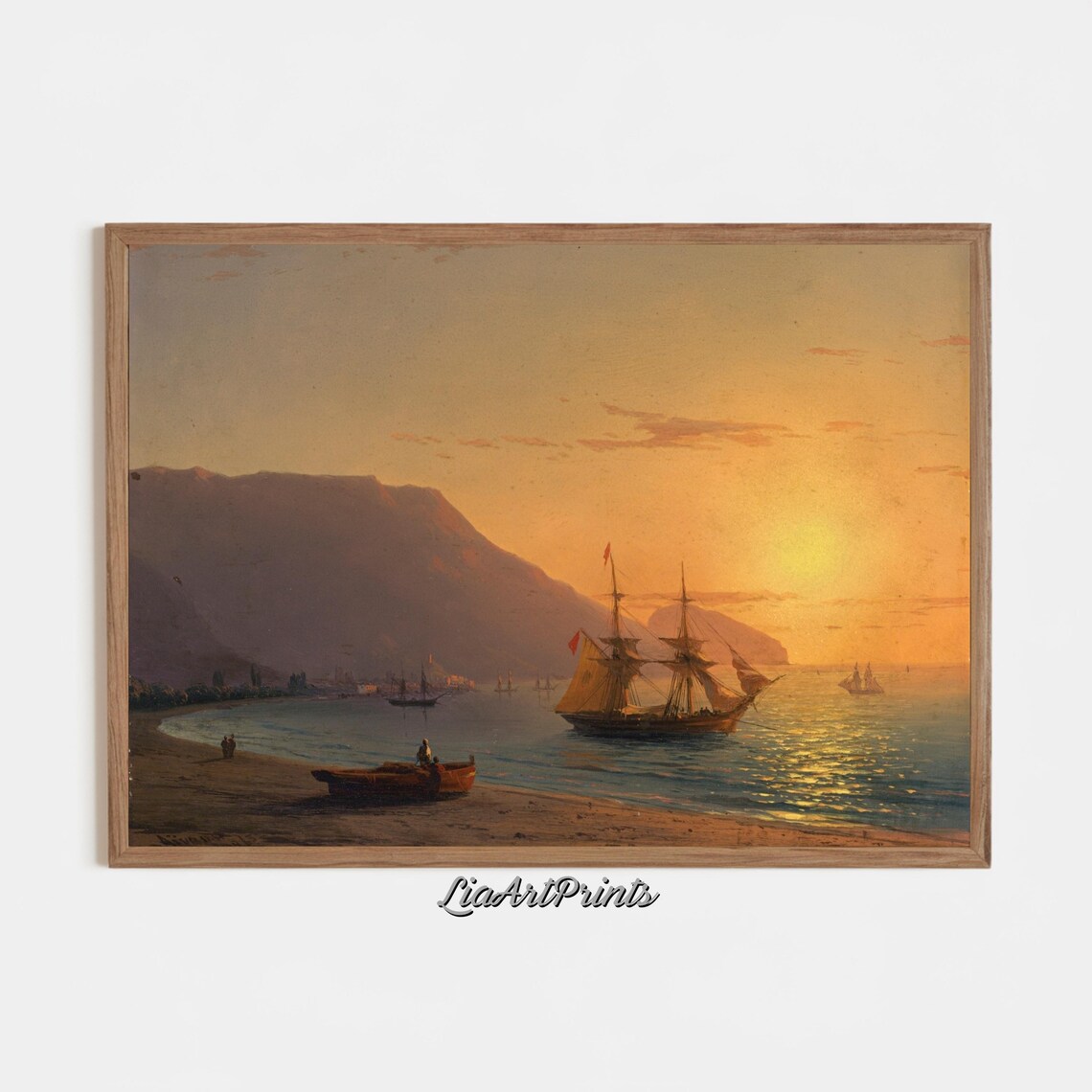 Golden Sunset with a Sailing Ship by Rocky Cliffs Vintage Nautical Print - Image 4