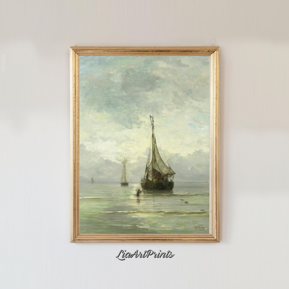Serene Fishing Boats at Dawn on a Calm Sea Vintage Maritime Oil Print - Image 2