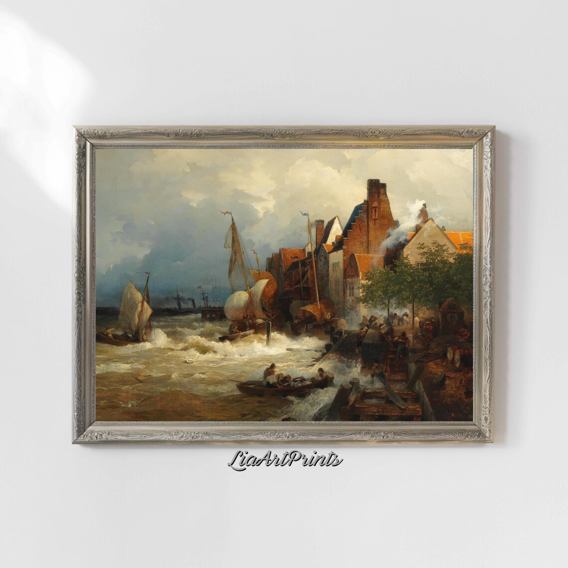 Stormy Harbor Scene, Seaside Town and Sailboats - Image 5