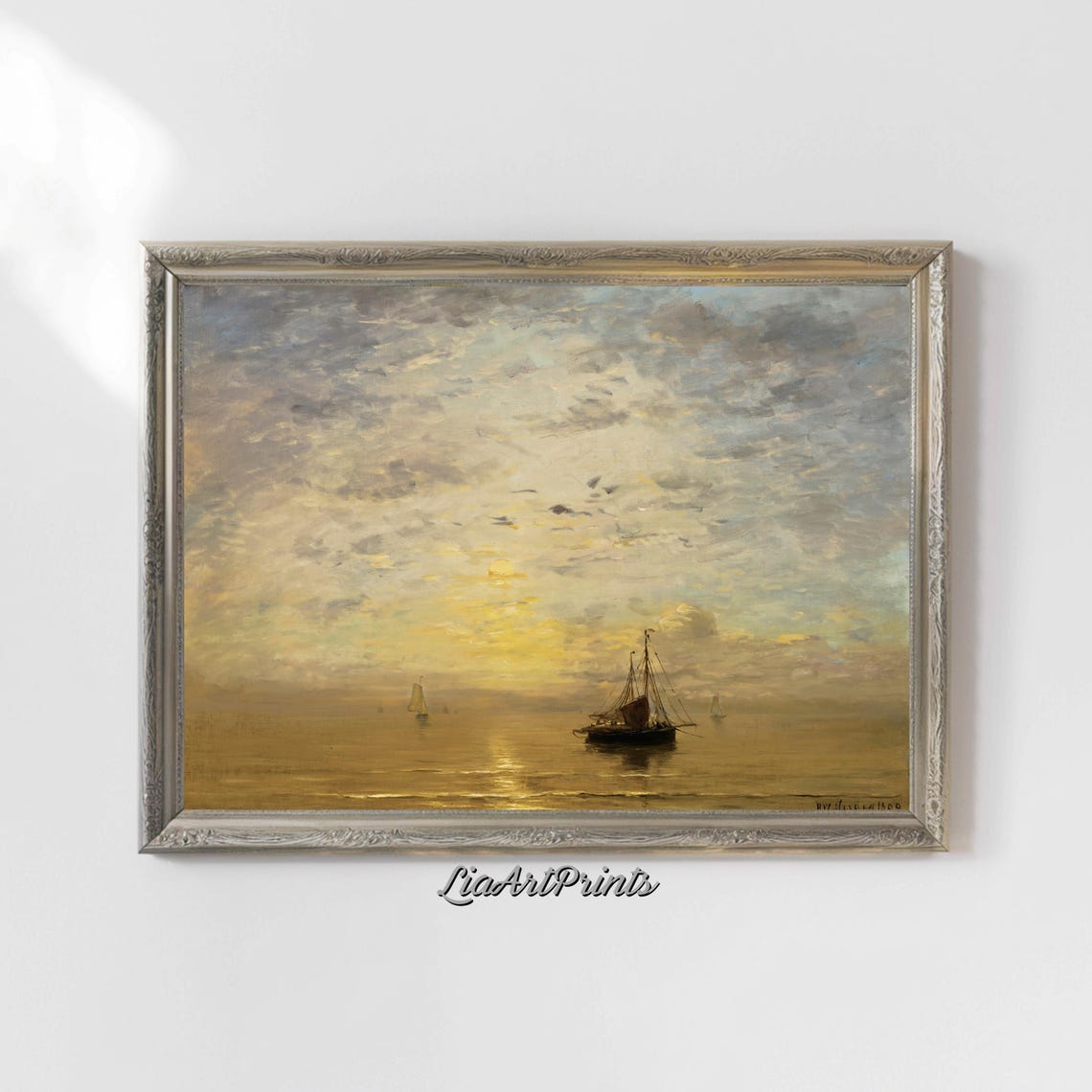 Sunset Over Tranquil Waters Sailing Boats In Golden Light Maritime Oil Painting - Image 5