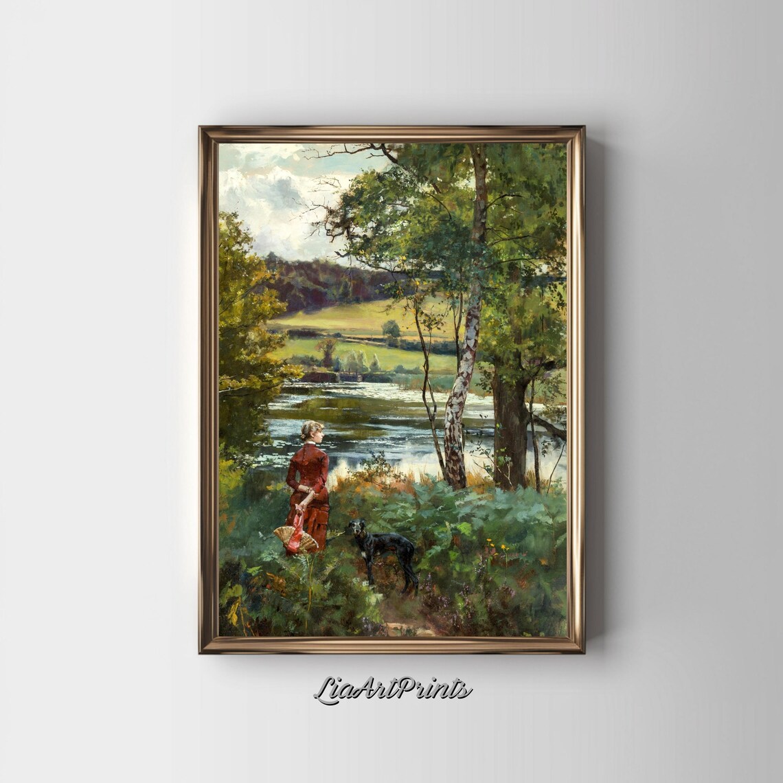 Serene Riverside Walk with a Woman and Her Dog Vintage Lakeside Print - Image 3