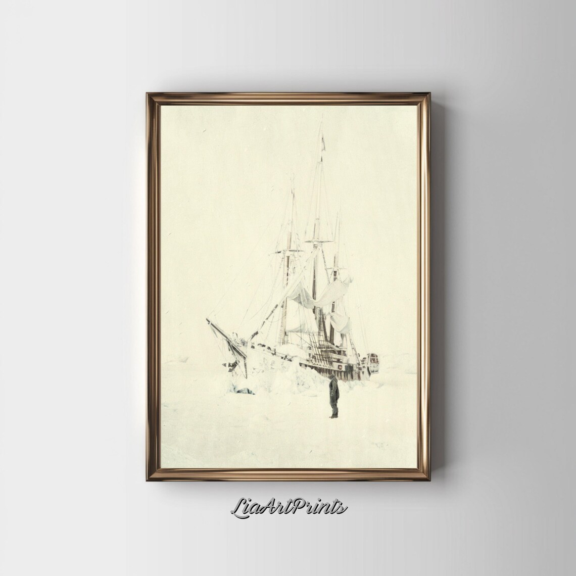 Tall Ship in Snow and Fog with Lone Figure Vintage Ink Sketch Poster - Image 3