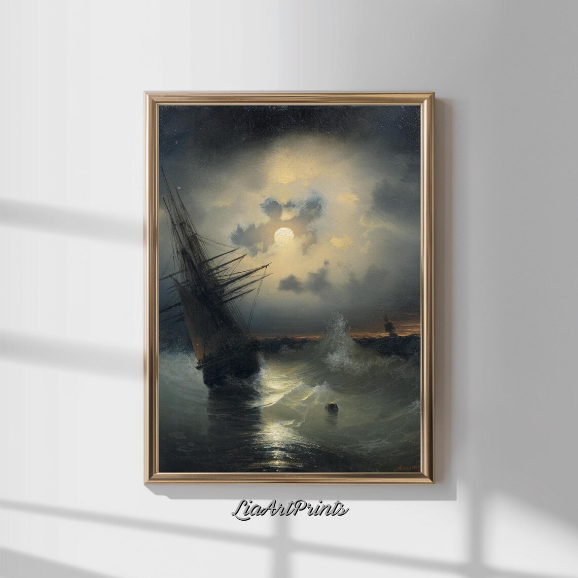 Moonlit Stormy Sea With Ship, Dramatic Maritime Scene