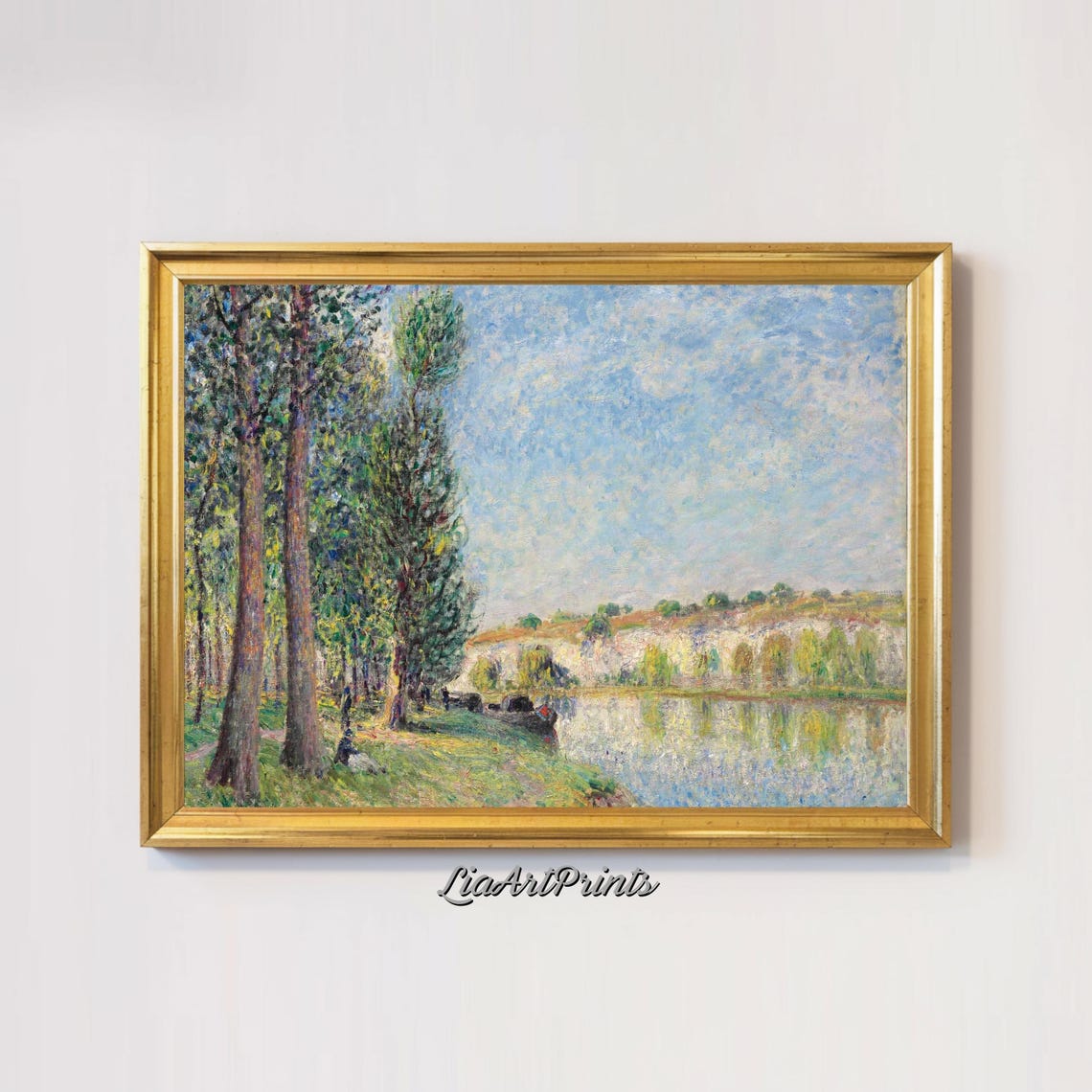 Impressionist Tall Trees River Bank Quiet Boat Scene Landscape Poster - Image 2