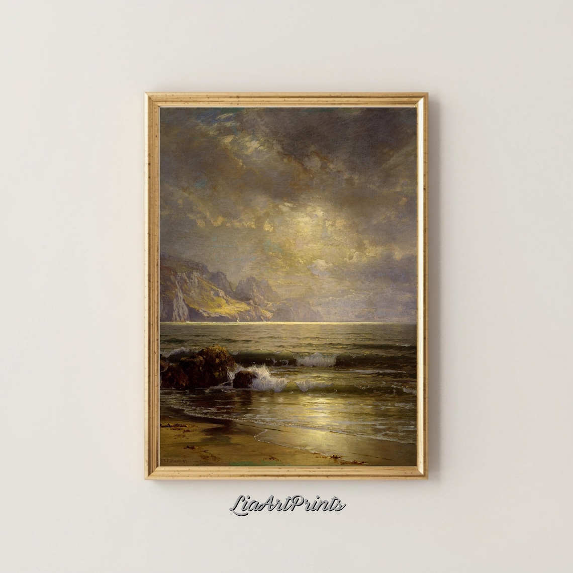Moonlit Seascape Night Ocean Waves Rocky Coast Golden Glow Poster - Image 4