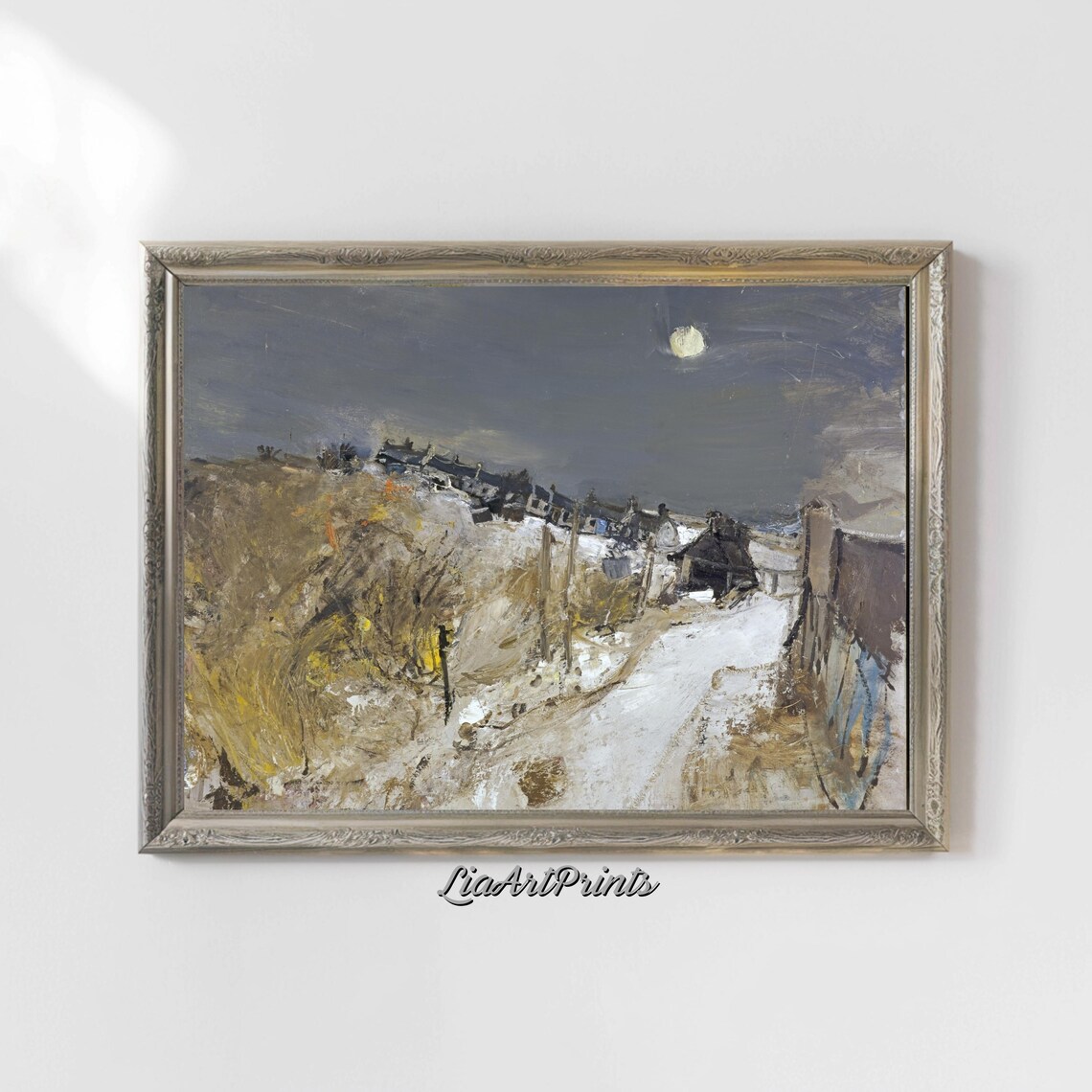 Winter Moonlit Village Landscape, Rustic Snowy Night - Image 5