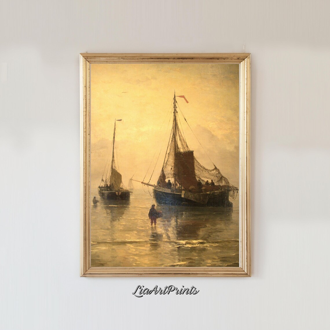Golden Hour Fishing Boats At Anchor Misty Maritime Dutch Seascape Poster - Image 2