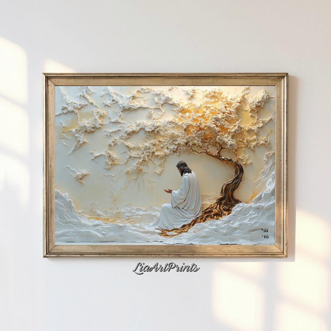 Jesus Praying Under Golden Tree Textured 3D Religious Painting Poster