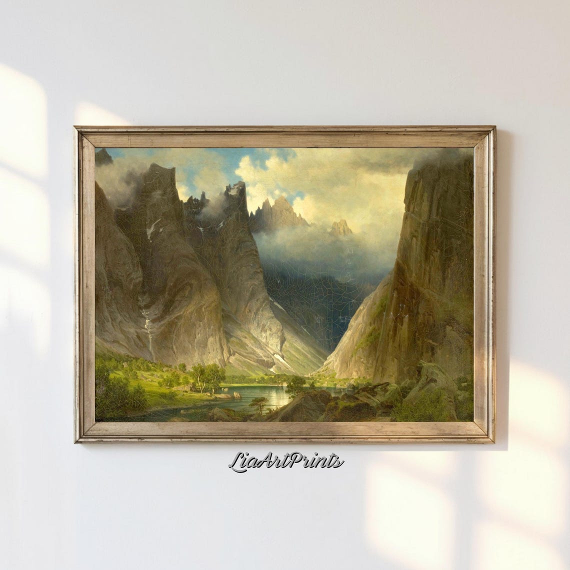 Towering Jagged Alpine Peaks with Waterfall and Misty Lake Poster
