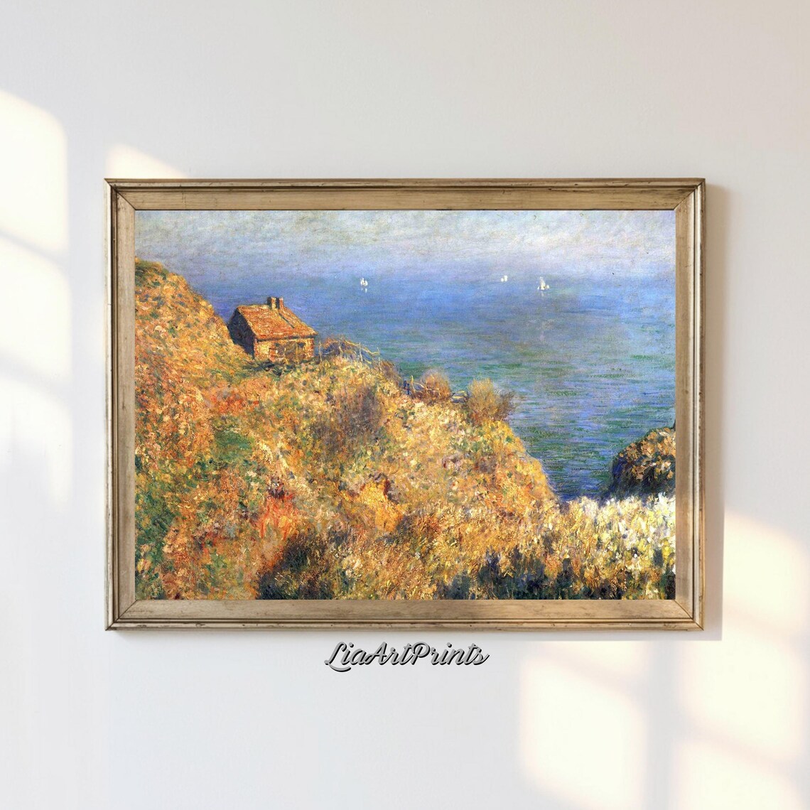 Cliffside Cottage With Ocean View, Monet Style Impressionist Landscape