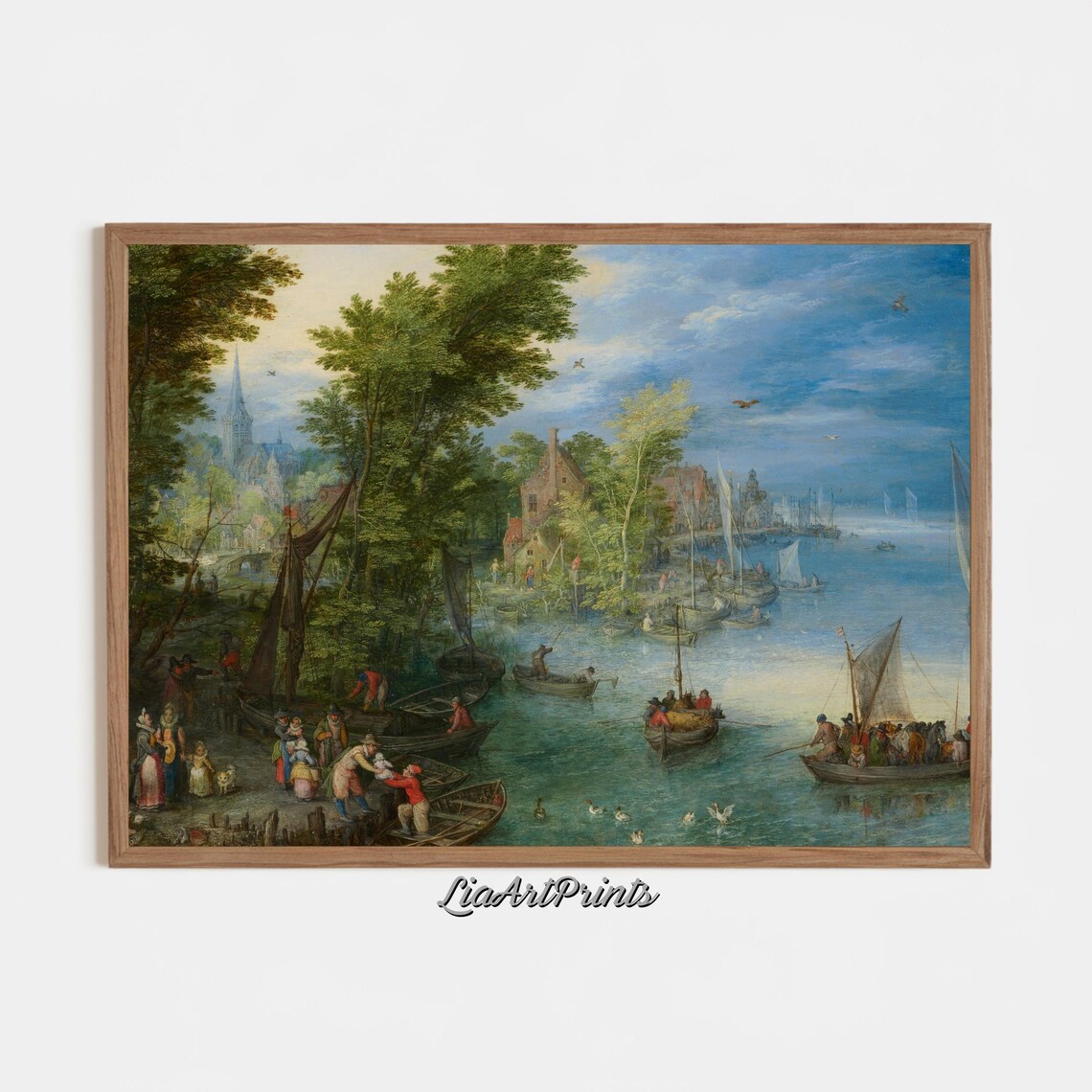 Busy Old Port Harbor with Fishing Boats and Villagers Poster - Image 2