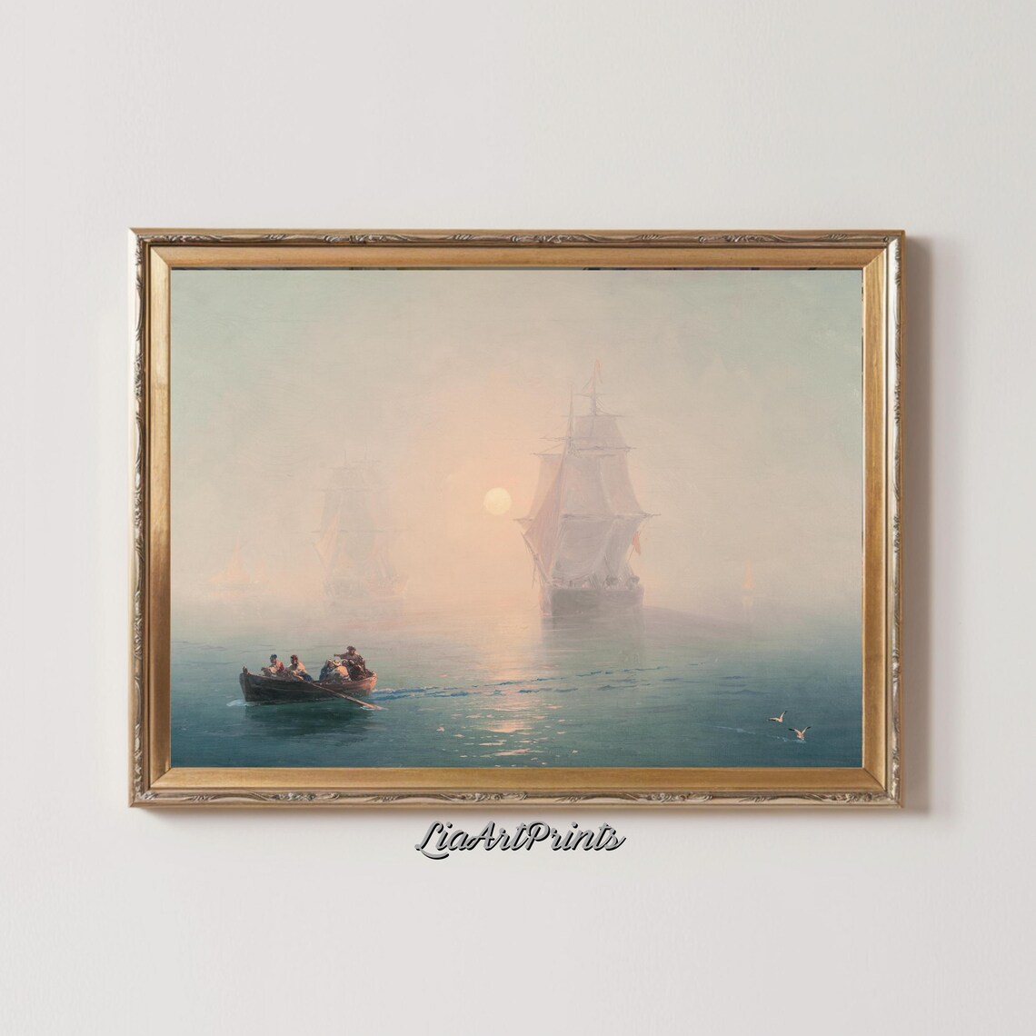 Misty Morning Rowboat and Tall Sailing Ships at Sunrise Vintage Nautical Print - Image 2