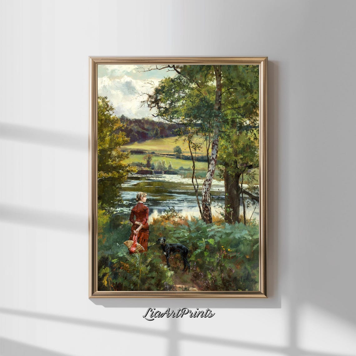 Serene Riverside Walk with a Woman and Her Dog Vintage Lakeside Print
