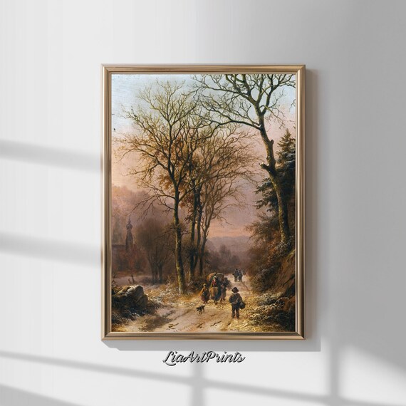 Winter Country Road Vintage Oil Painting with Bare Trees and Travelers Poster