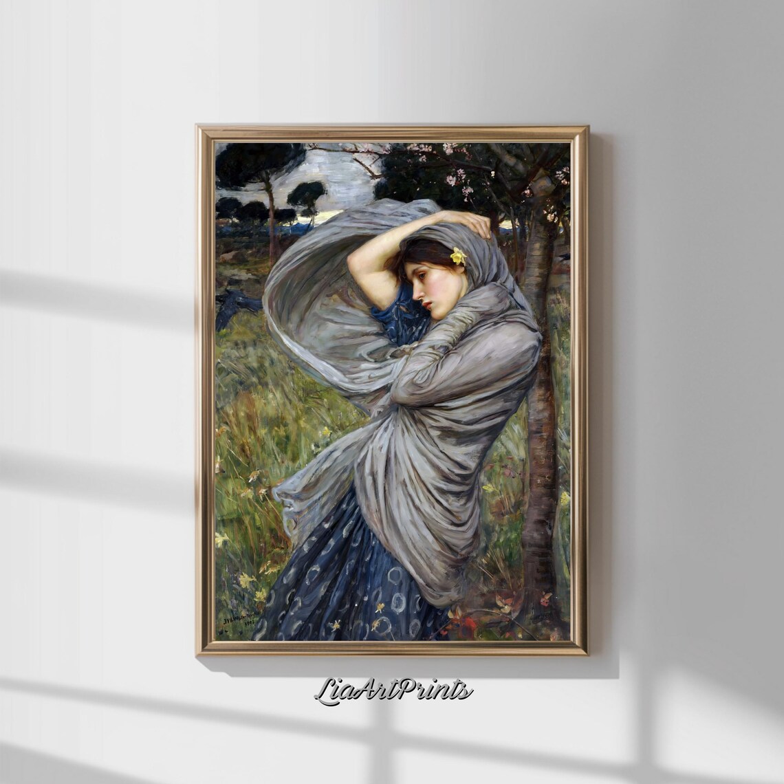Waterhouse Boreas Windswept Woman Shawl Spring Flowers Vintage Poster