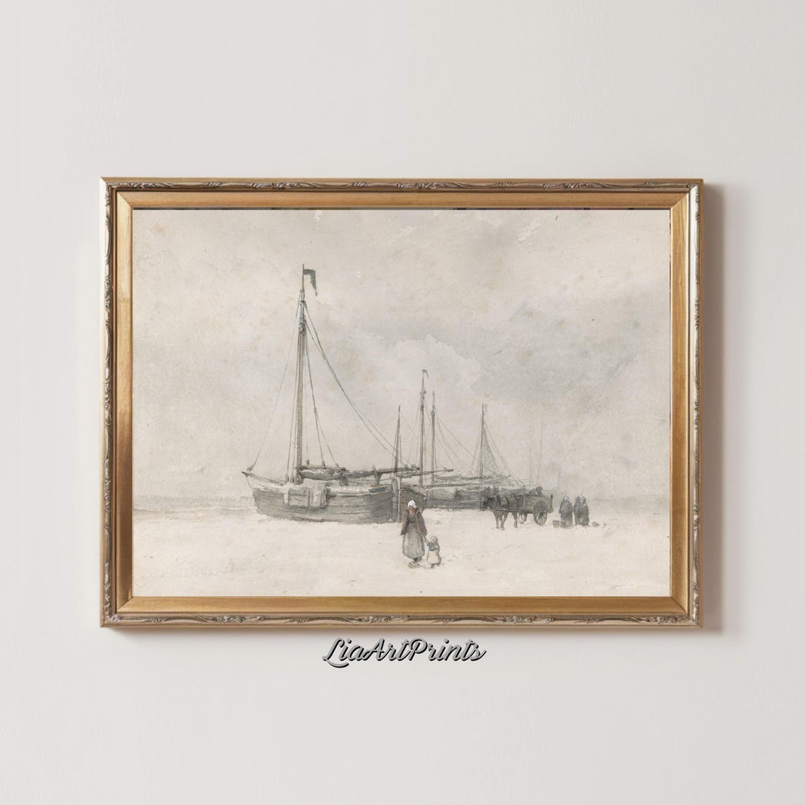Vintage Harbor Sketch Beached Boats with Figures Minimalist Art Poster - Image 2