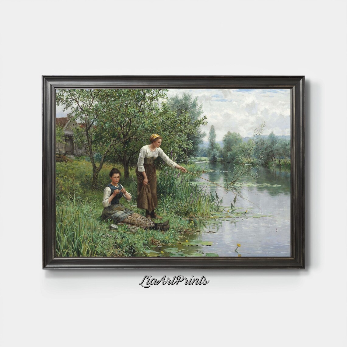 Riverside Fishing Scene, Vintage Countryside Decor - Image 3
