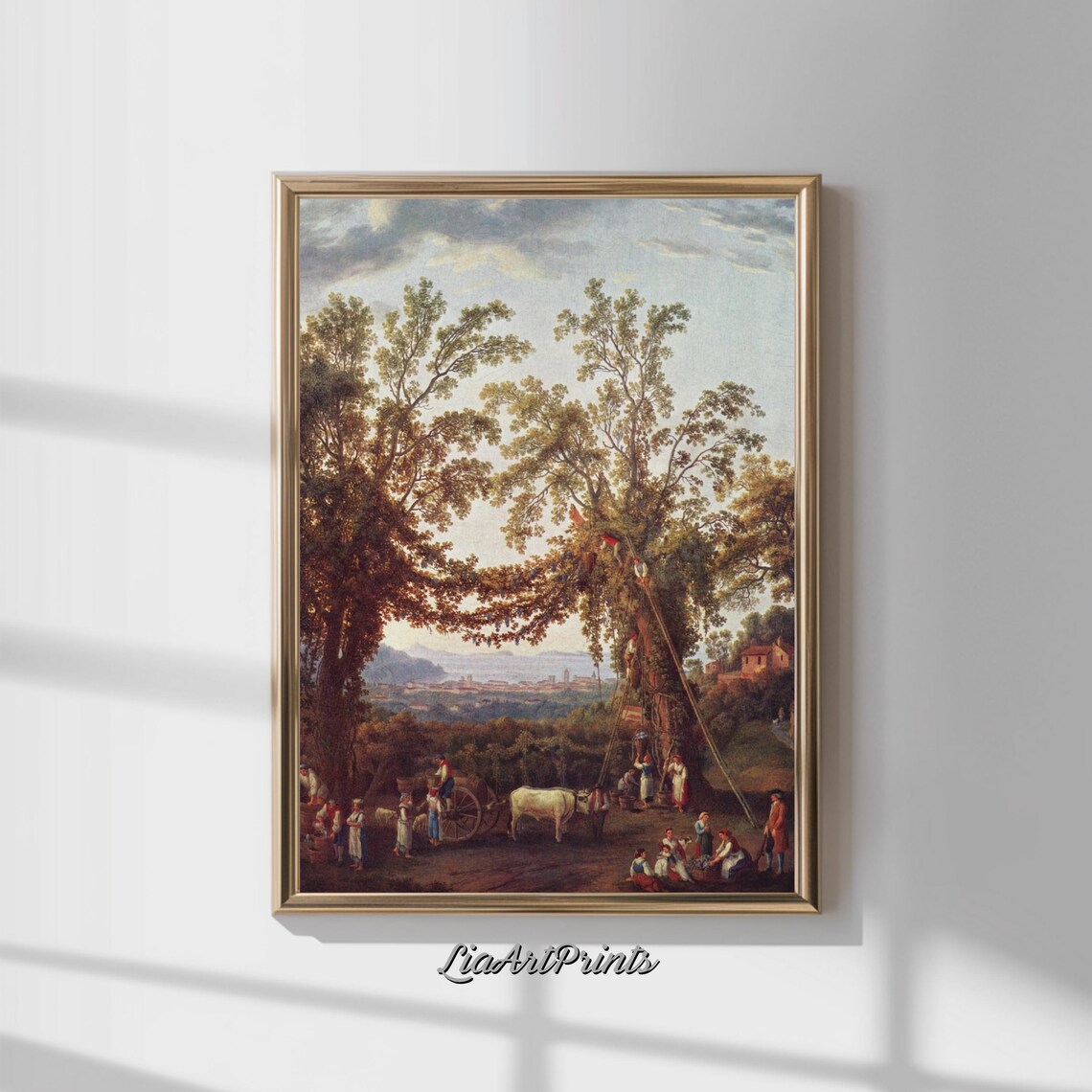 Italian Grape Harvest Scene with Oxen Cart and Villagers Poster