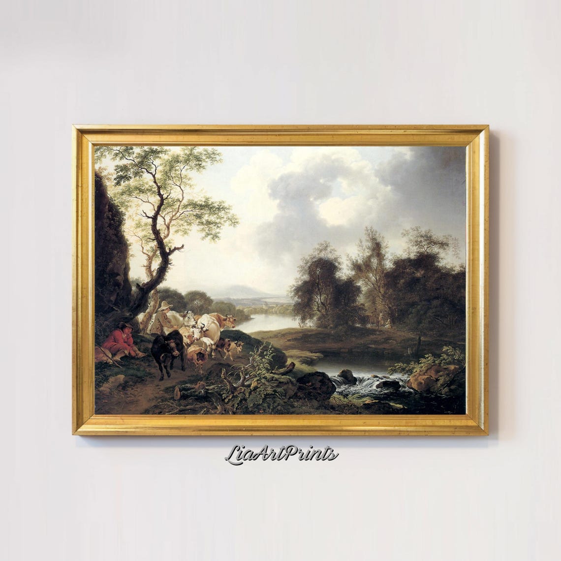 Pastoral River Scene Countryside Landscape With Livestock Tranquil Rural Art - Image 3