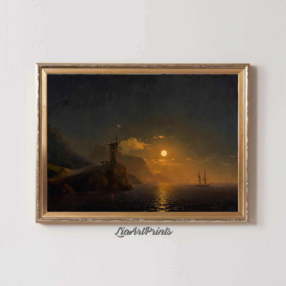 Moonlit Seascape Lighthouse Tower Sailing Ship Night Ocean Poster - Image 4