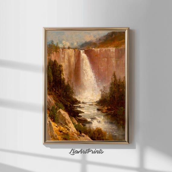 Vintage Waterfall Art Print Rustic Landscape Wall Decor Framed Nature Artwork Antique River Scene Artwork