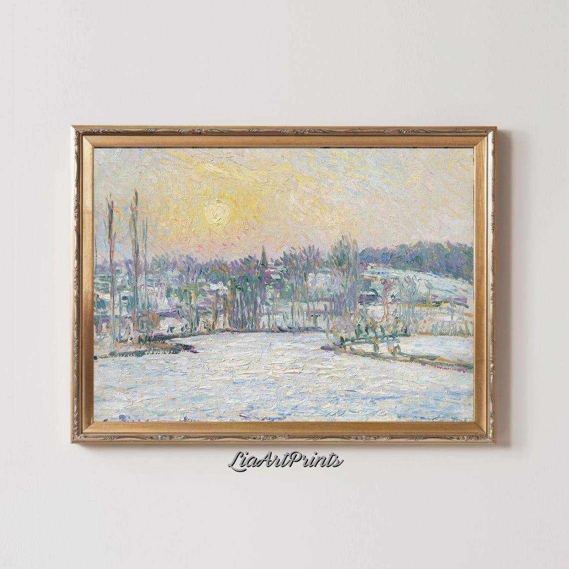 Impressionist Snowy Riverbank at Sunset with Bare Trees Winter Poster - Image 3