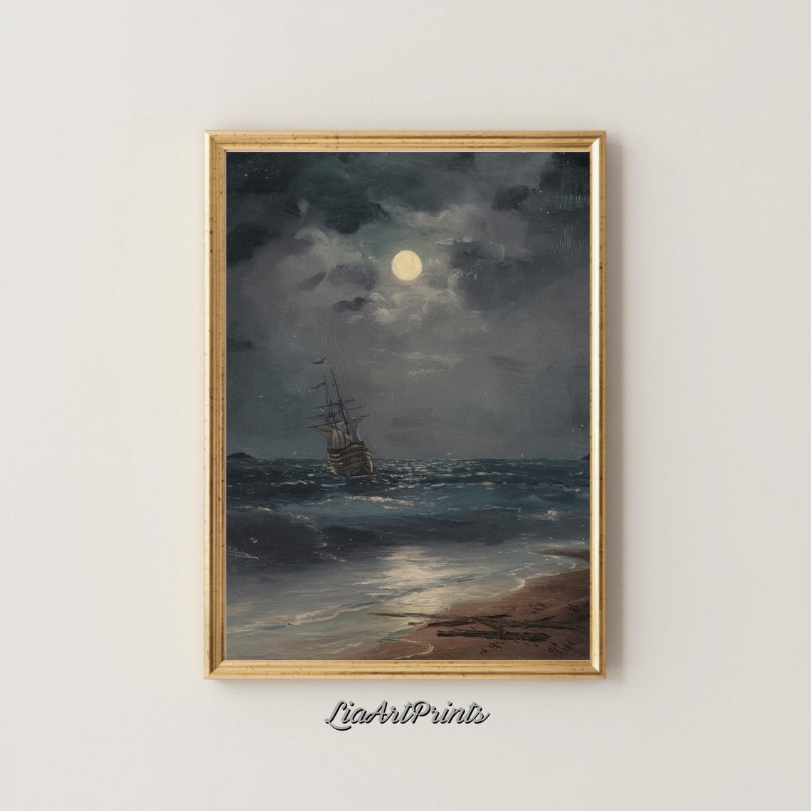 Moonlit Seascape Sailing Ship Vintage Night Ocean Oil Painting Poster - Image 4