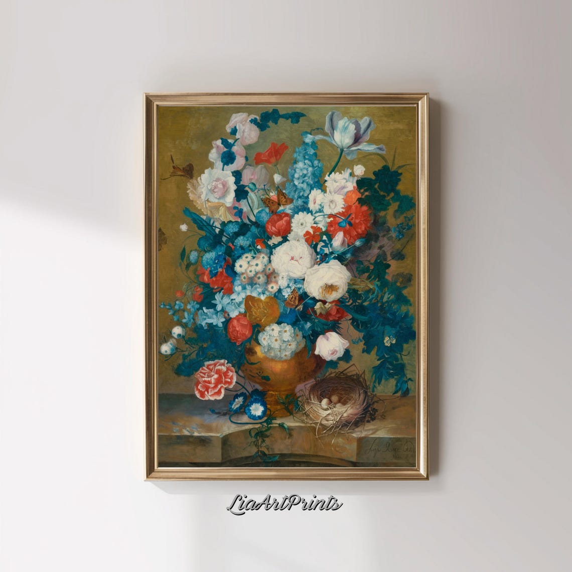 Dutch Floral Still Life with Butterflies and Birds Nest Poster - Image 3