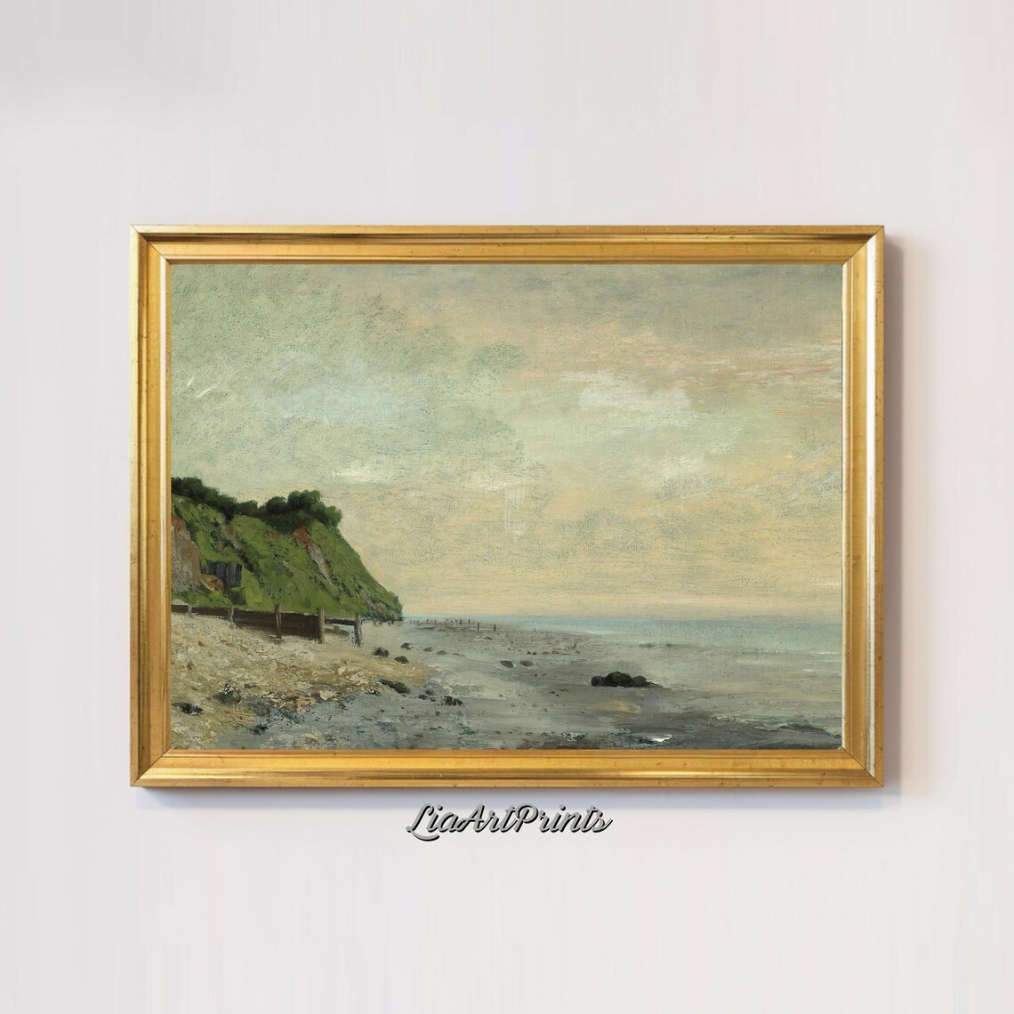 Misty Beach Grassy Cliffs Foggy Shore Antique Seascape Painting Poster - Image 2