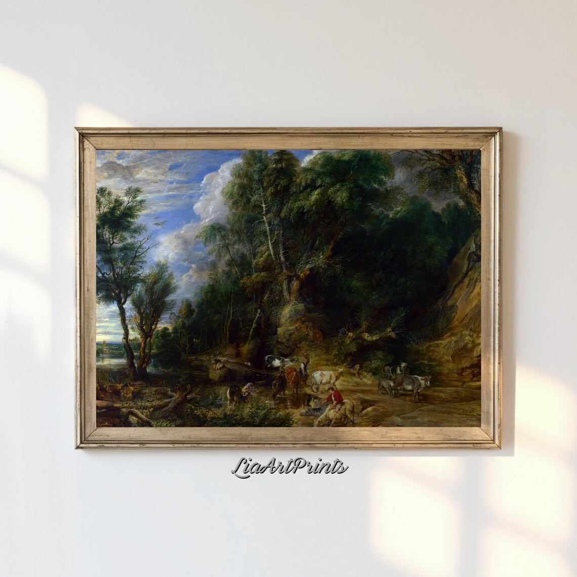Rustic Forest Scene, Herding Cattle Pastoral Landscape