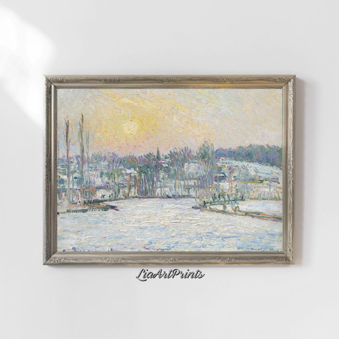 Impressionist Snowy Riverbank at Sunset with Bare Trees Winter Poster - Image 4
