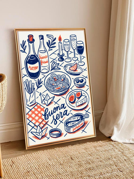 Mediterranean Kitchen Poster Vintage Print Artistic Food Illustration Retro Wall Art