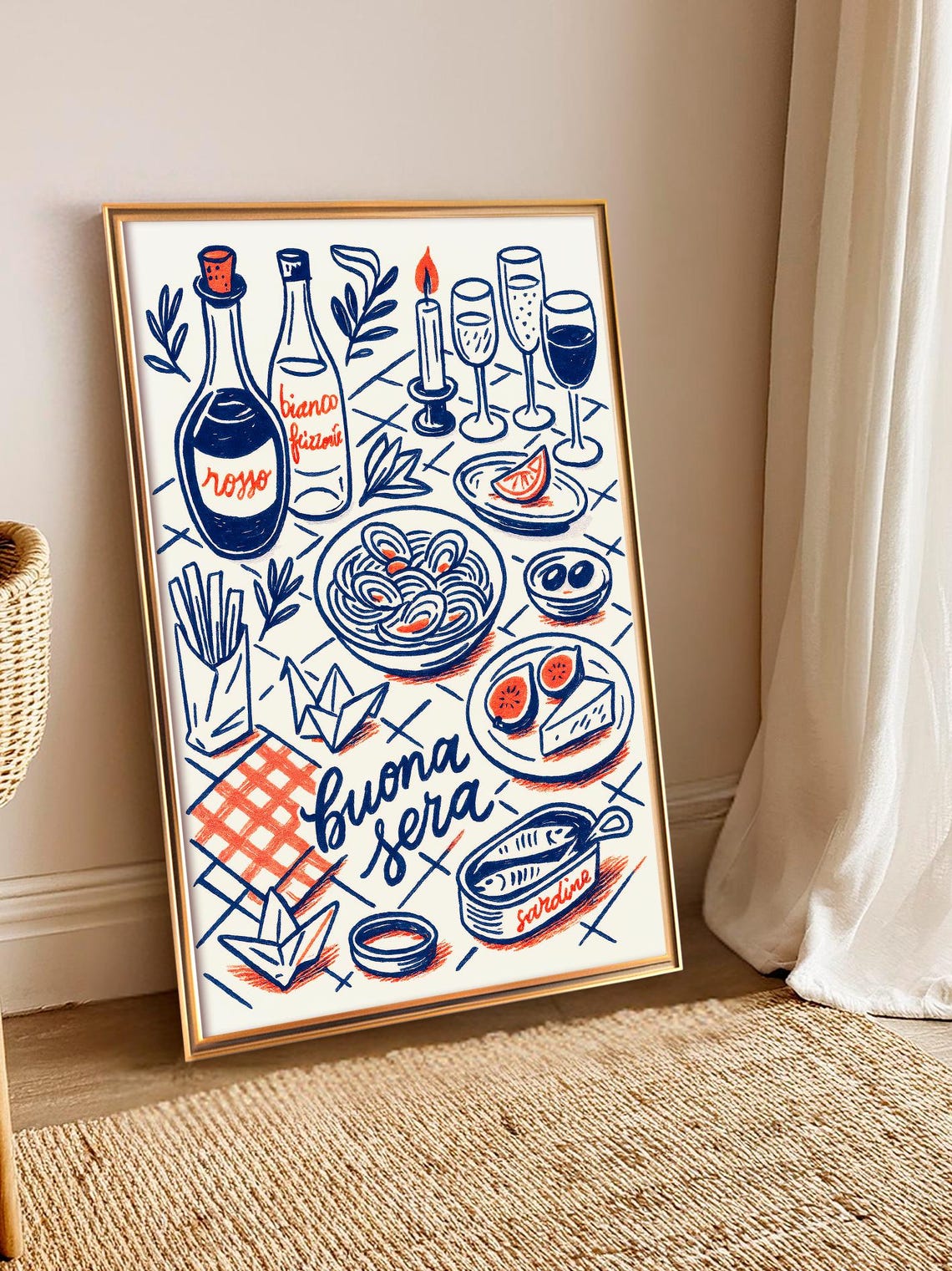 Buona Sera Italian Dinner Illustration Pasta Wine Sardines Poster