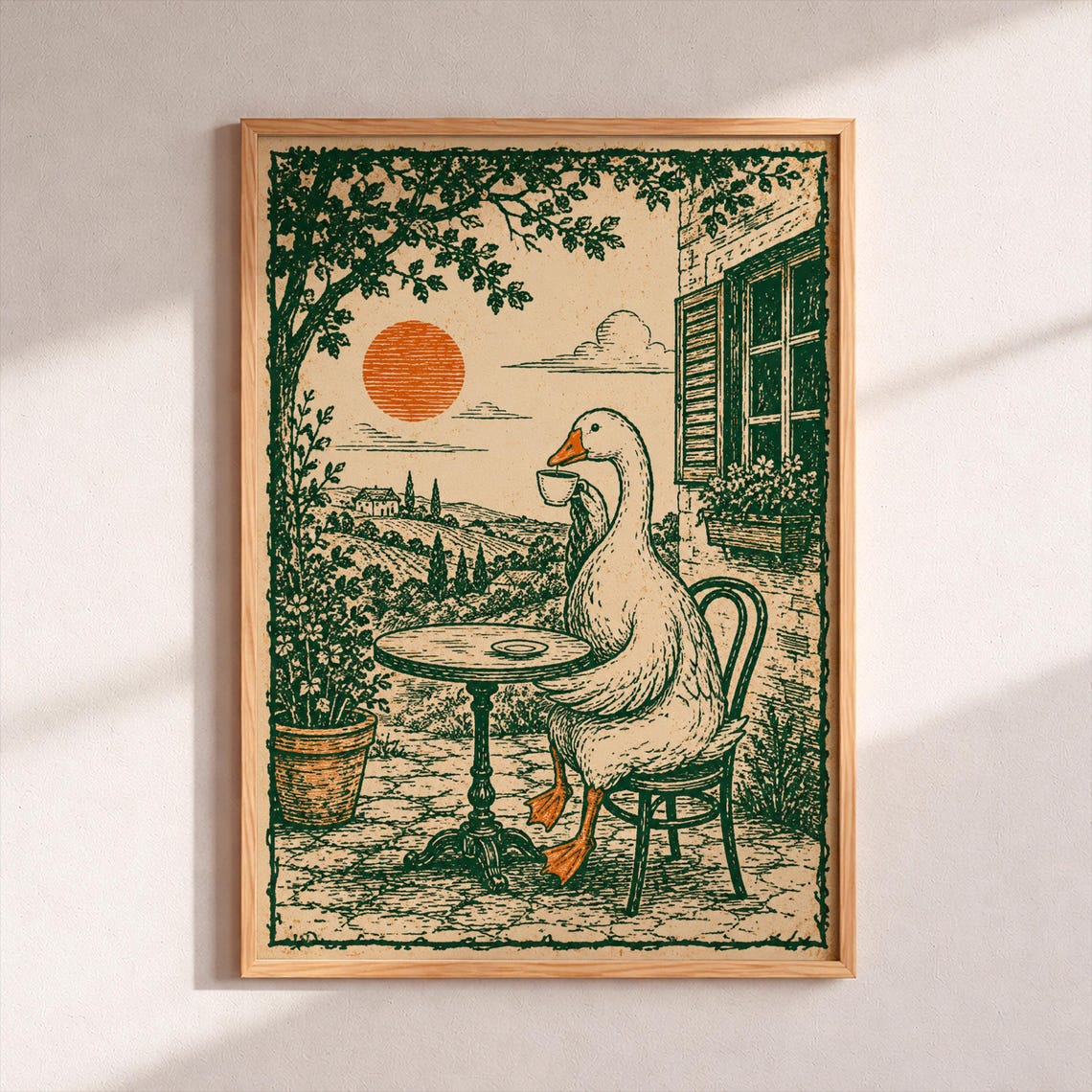 Goose Drinking Coffee At Cafe Cottagecore Vintage Duck Art Print