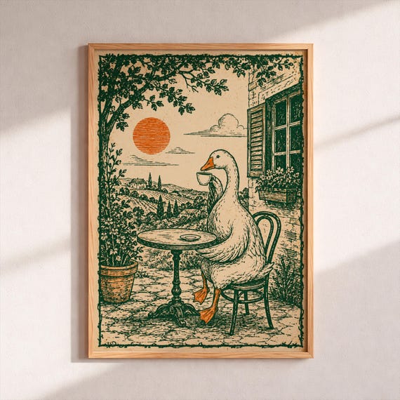 Goose Drinking Coffee Print Cottagecore Wall Art Vintage Duck Illustration Whimsical Animal Poster Retro Countryside Landscape Decor