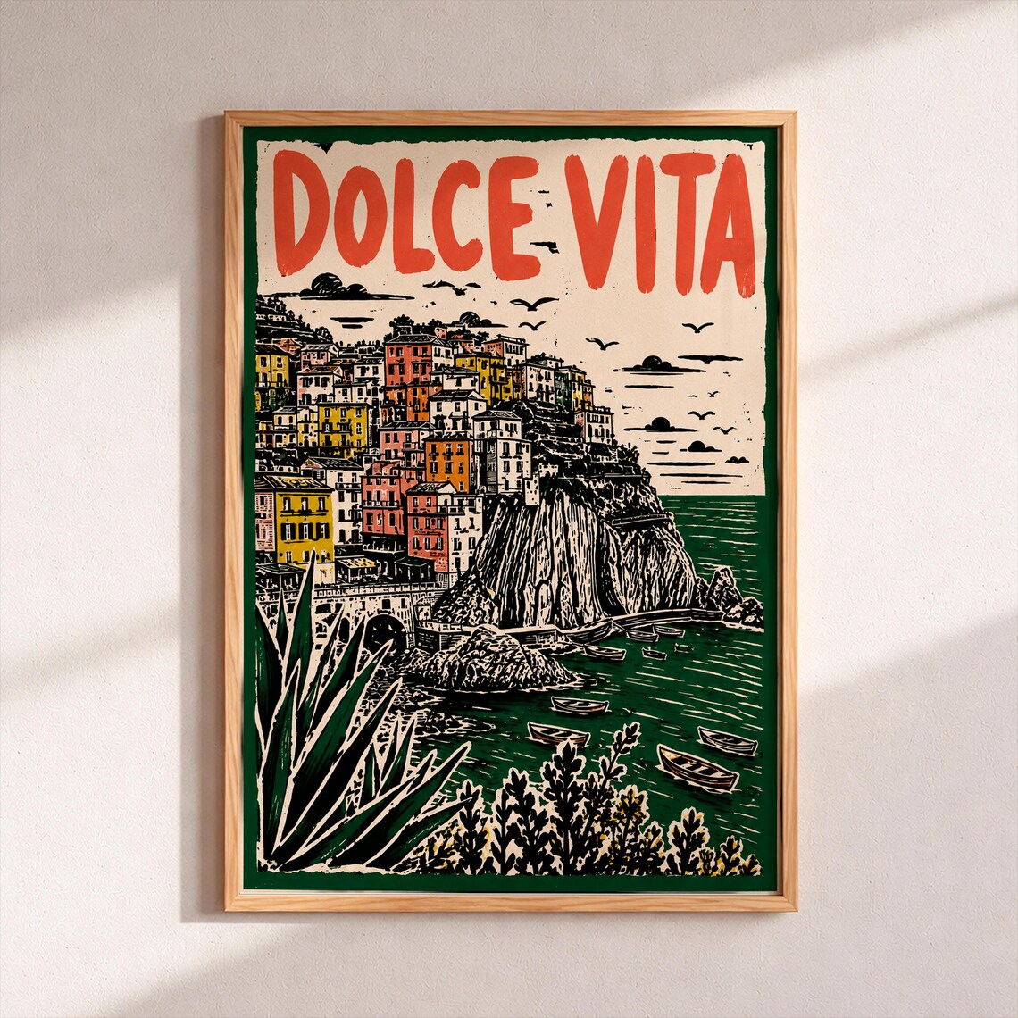 Dolce Vita Italian Coast Village Linocut Art Vintage Style Poster
