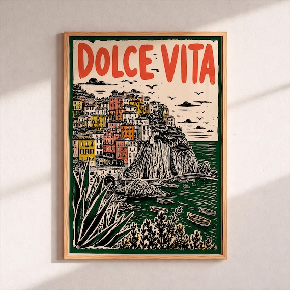 Dolce Vita Italian Coast Village Linocut Art Vintage Style Poster