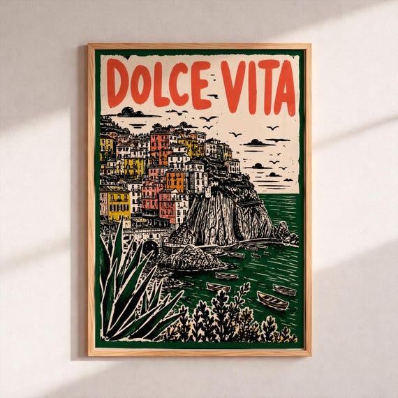 Dolce Vita Travel Art Print Vintage Italy Coast Poster Linocut Block Illustration Retro Kitchen Wall Decor Italian