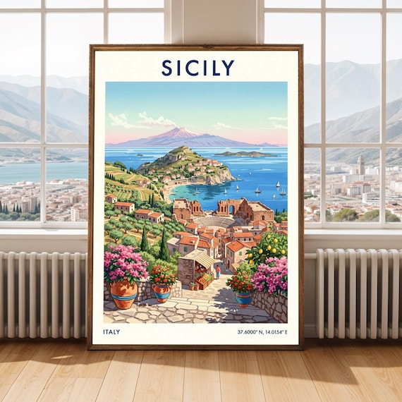 Sicily Italy Taormina Mount Etna Coast Vintage Travel Wall Poster