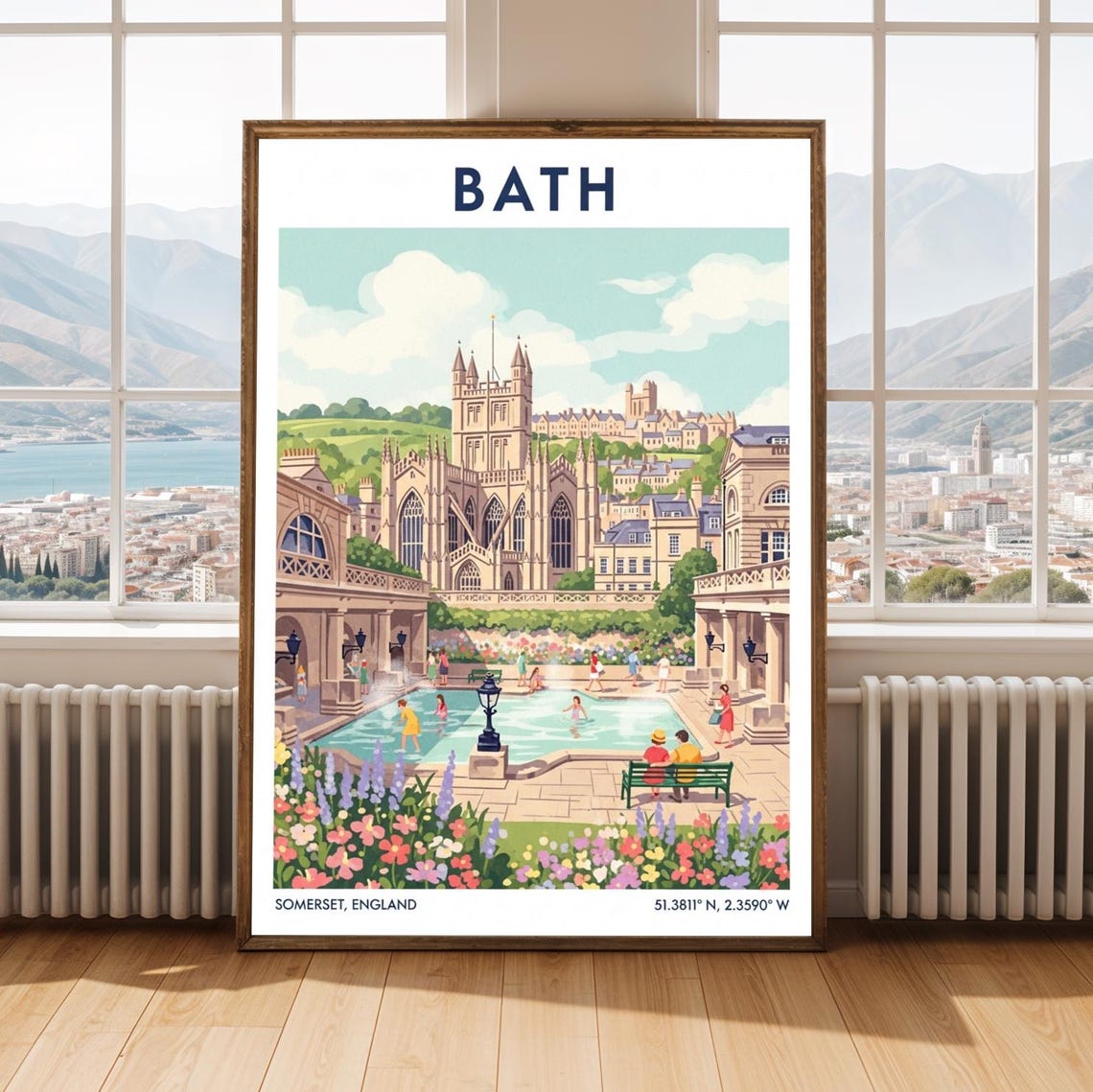 Bath Abbey Roman Baths Somerset England Retro Travel Poster Art