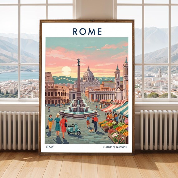 Vintage Rome Piazza Art Print Retro Italian Cityscape Poster