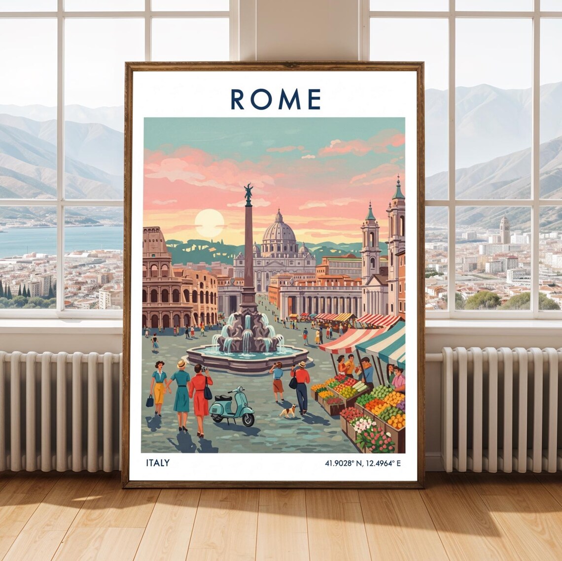 Rome Italy Piazza Fountain Colosseum Sunset Vintage Travel Poster